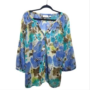 Avenue Women 18/20 Blue Floral Chiffon Split Vneck Button Long Sleeve Blouse